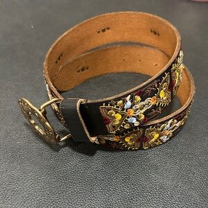 Embroidered Lucky Leather Belt with Gold Buckle